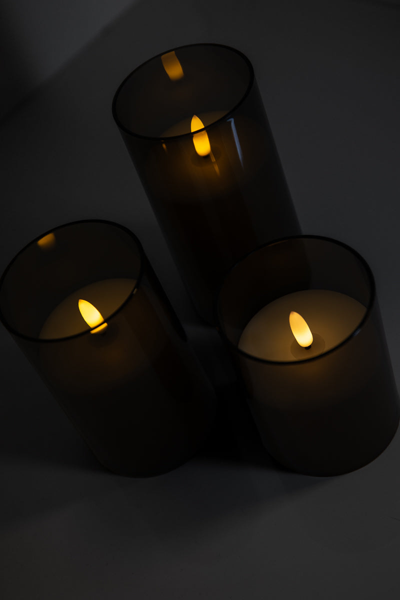 LED Blockljus – Grå Glaslykta (Set om 3)
