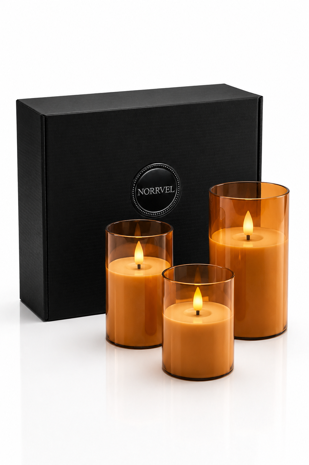 Flamlösa LED-blockljus i Amber Glas – 3-pack