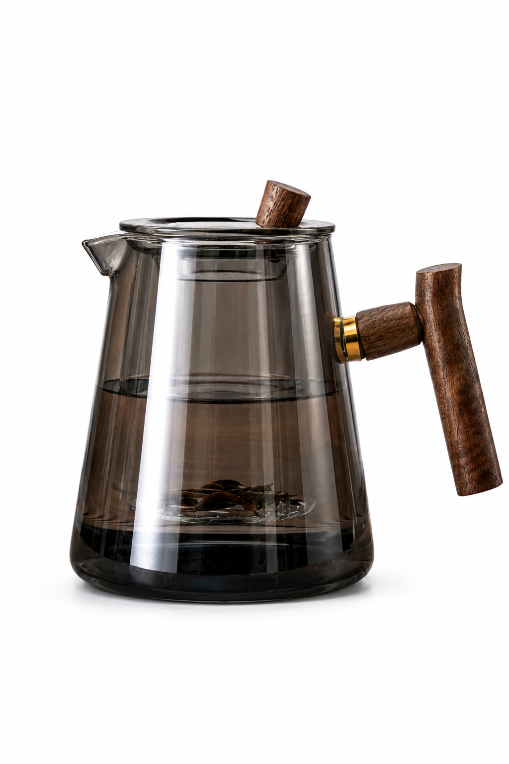 Smoked glass tea pot with walnut wood handle and brass fitting