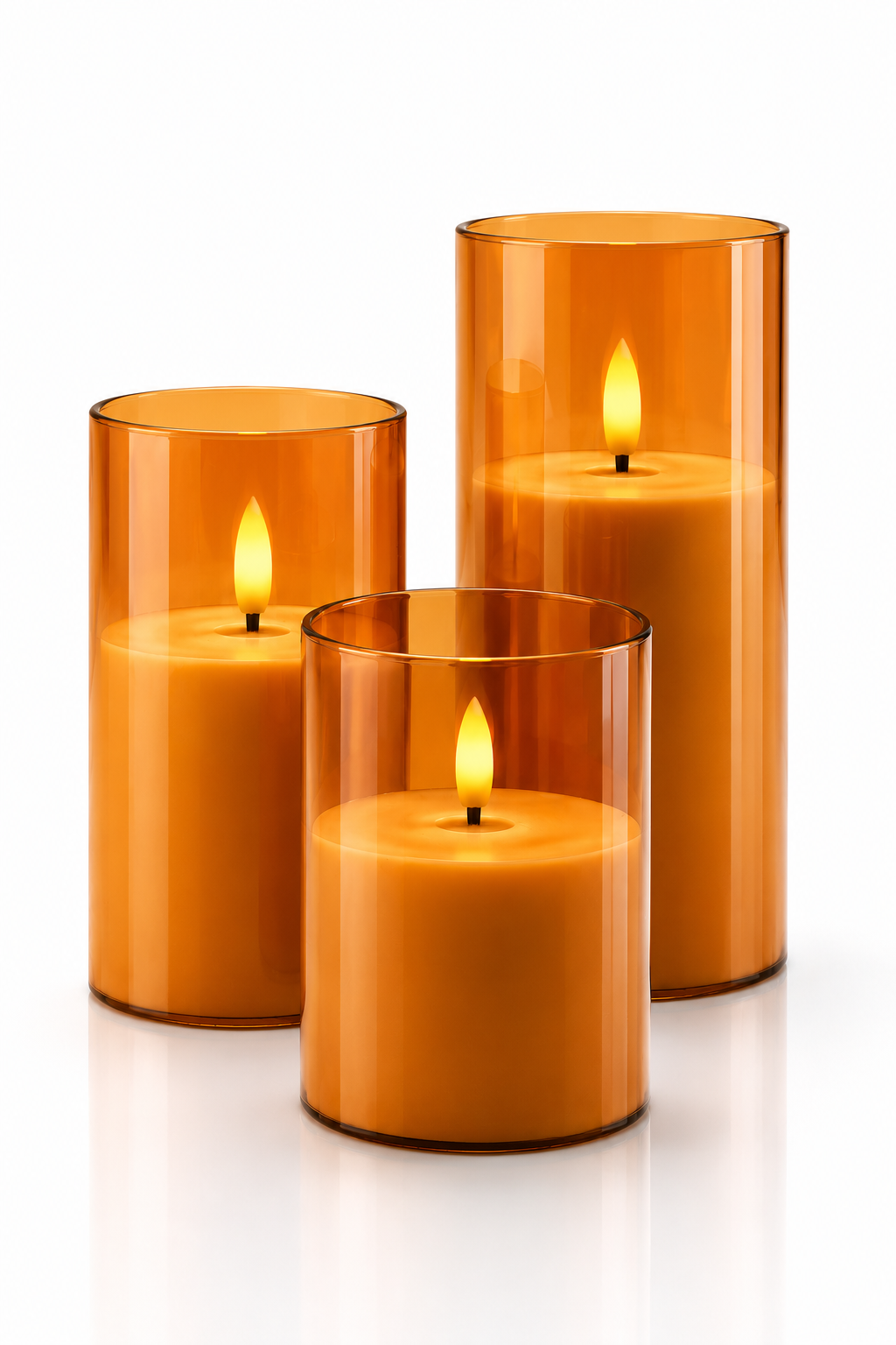 Flamlösa LED-blockljus i Amber Glas – 3-pack
